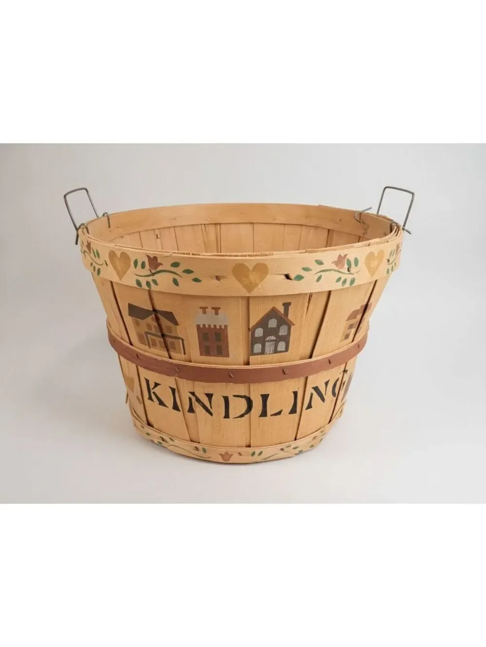 Vintage Rustic Hand-Painted Folk Art Houses Kindling Wooden Slat/Apple Basket
